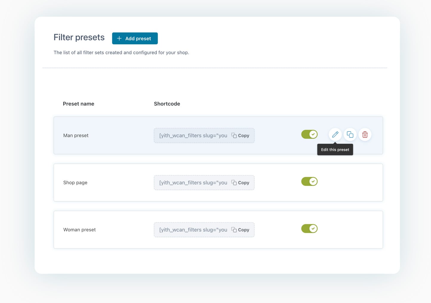 Unlimited filter presets