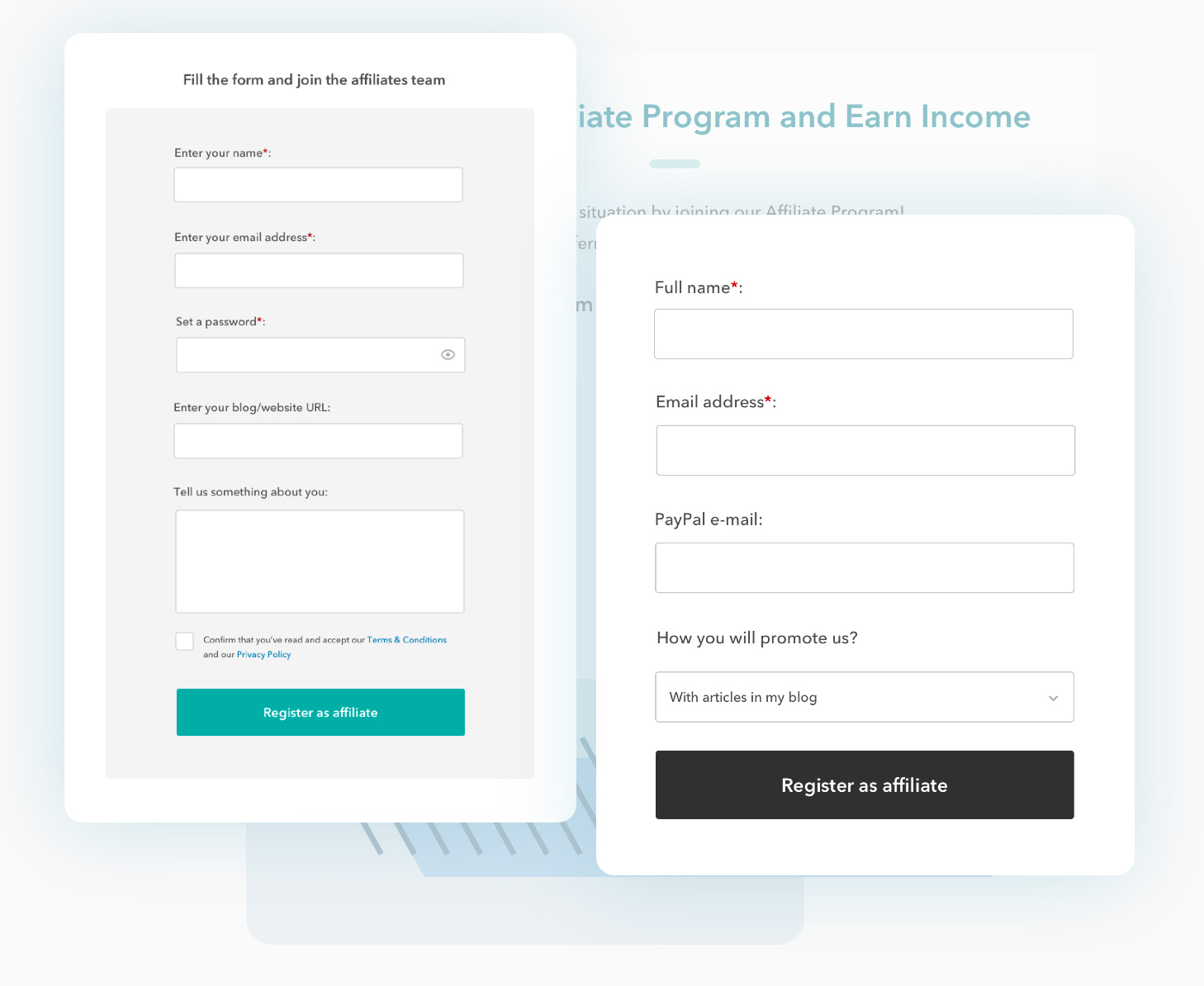 Affiliate custom application form