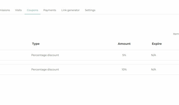 Affiliate dashboard - Coupons