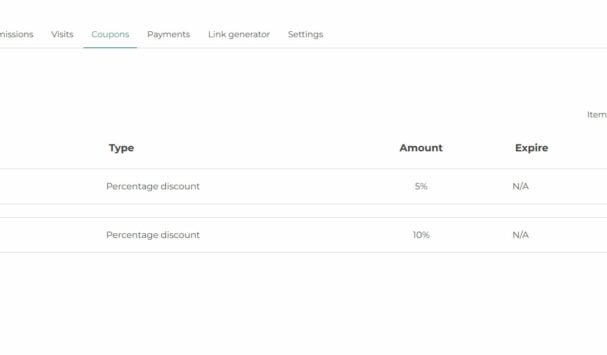 Affiliate dashboard - Coupons