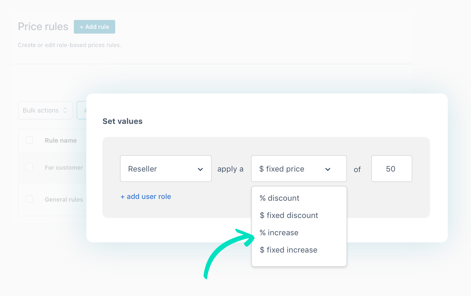 Set fixed and percentage discounts, increases or markups