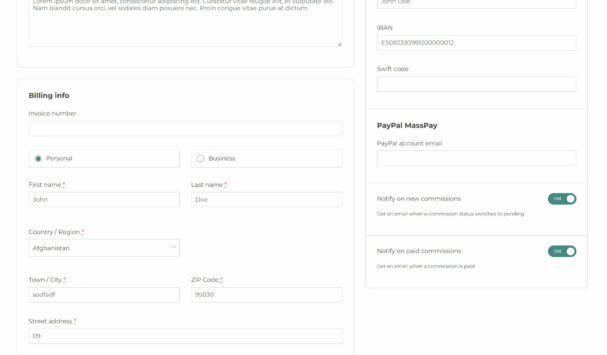 Affiliate dashboard - Settings