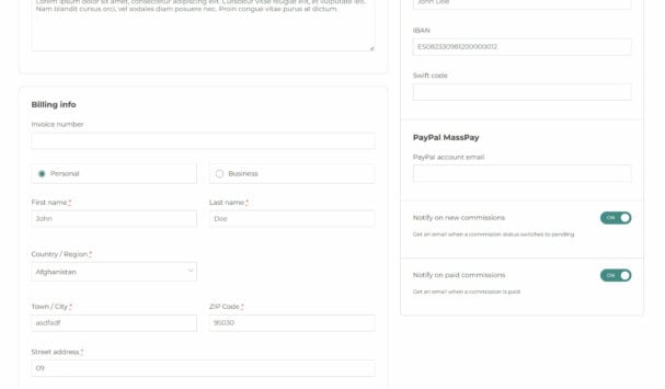 Affiliate dashboard - Settings