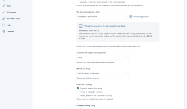 General settings - Automatic exchange rates