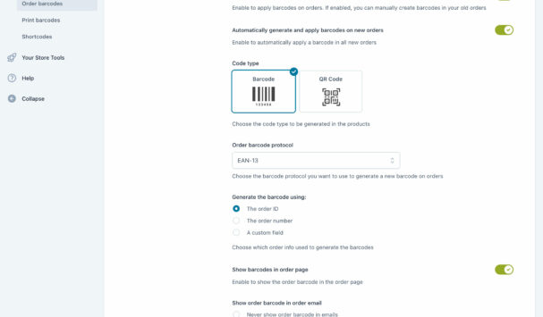 Order barcode settings