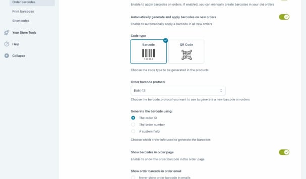 Order barcode settings