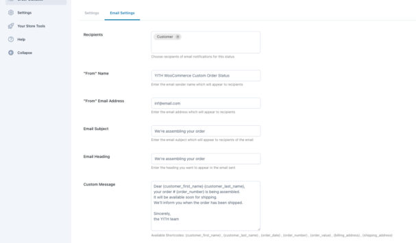 Custom status email settings