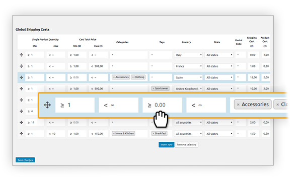 Drag and drop shipping costs rule