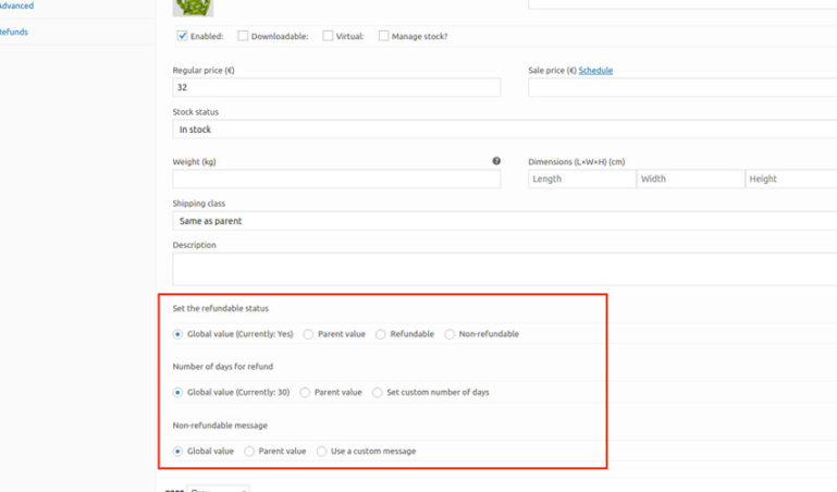 Set refund options in single variation