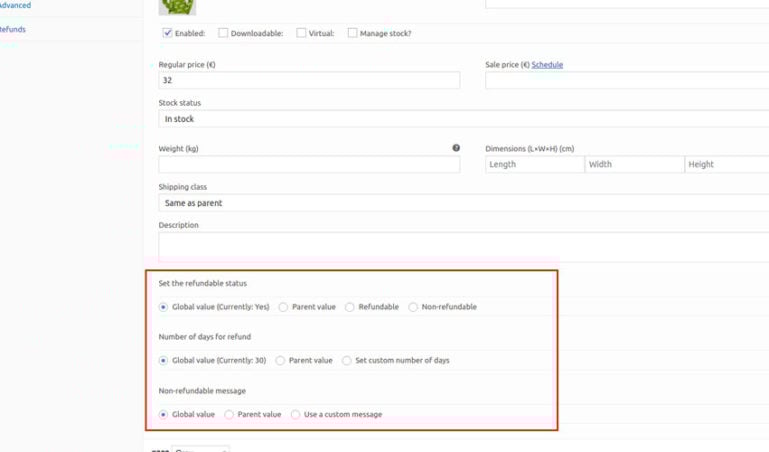 Set refund options in single variation