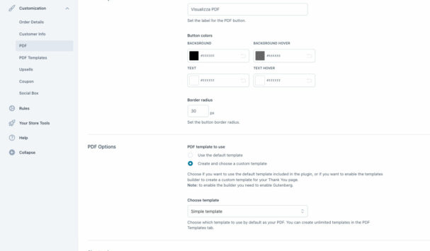 Customization - PDF settings
