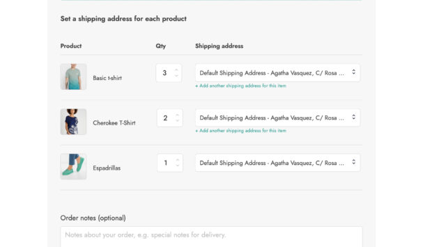 Select shipping address for each product in the order