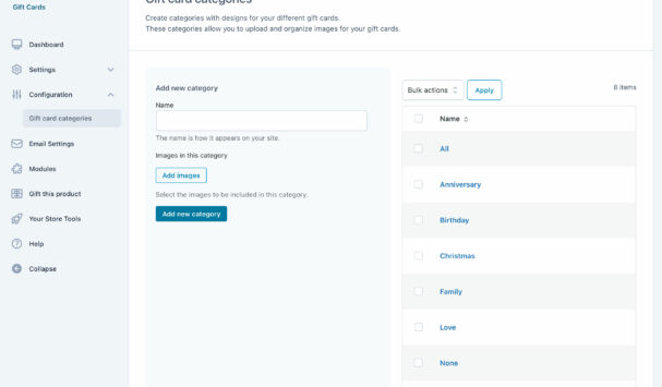 Gift card categories