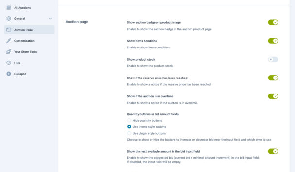 Auction page options