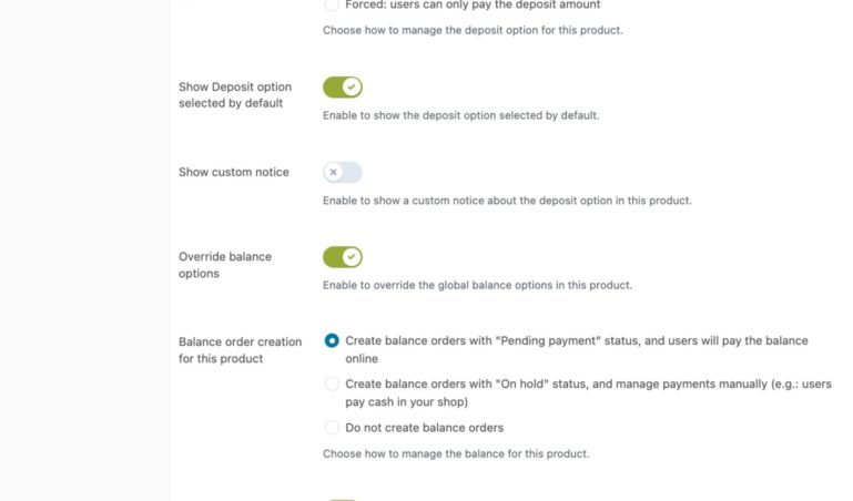 Override deposit and balance options