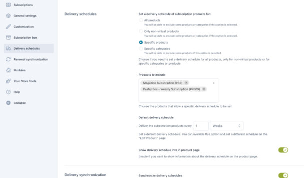 Delivery schedules settings