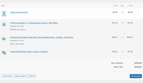 Price in order - item price