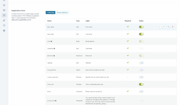 Affiliates registration form settings (1/2)