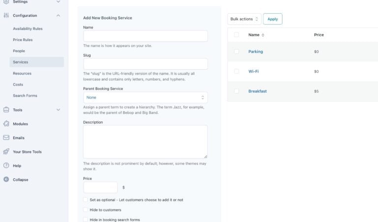 Configuration- Booking services