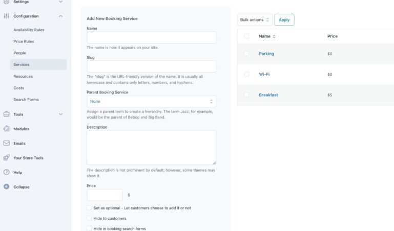 Configuration- Booking services