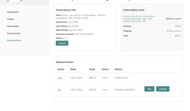 Subscription details in My Account