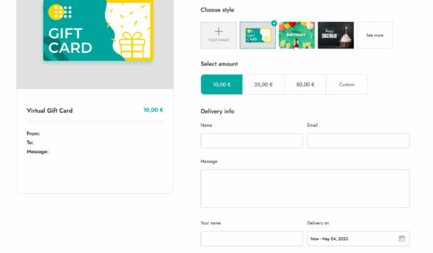 Virtual gift card with images and custom amount