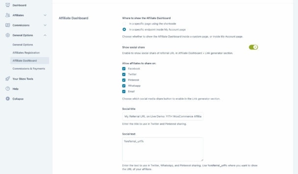 Affiliate dashboard options