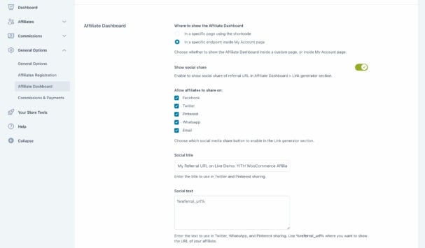 Affiliate dashboard options