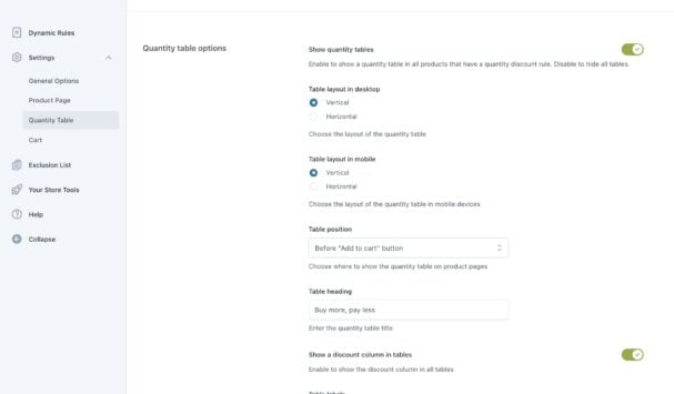 Settings - Quantity table