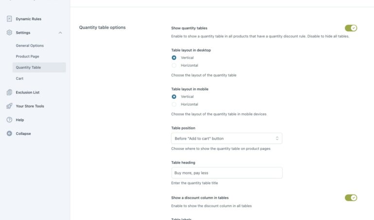 Settings - Quantity table