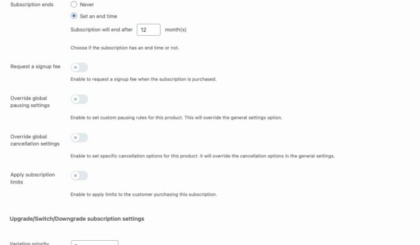 Subscription settings on product variation