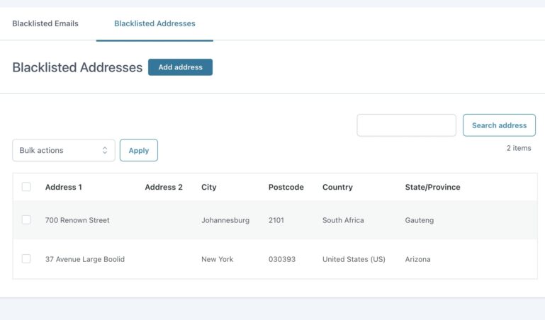 Blacklisted addresses