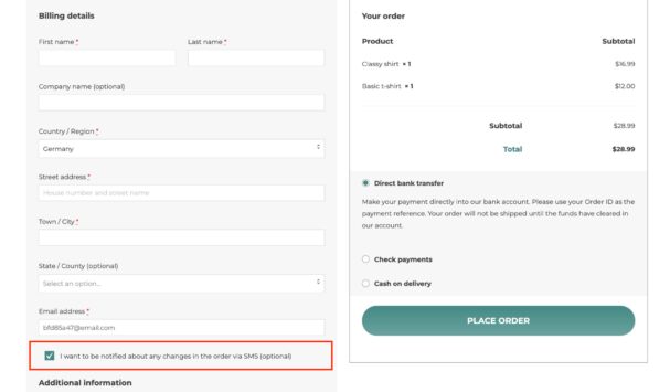 SMS Notifications checkbox