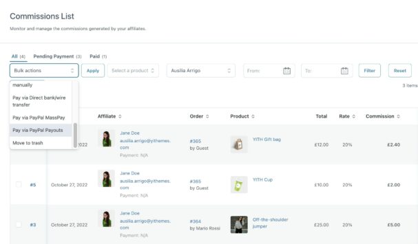 Affiliate commission payments