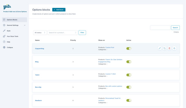 List of options blocks