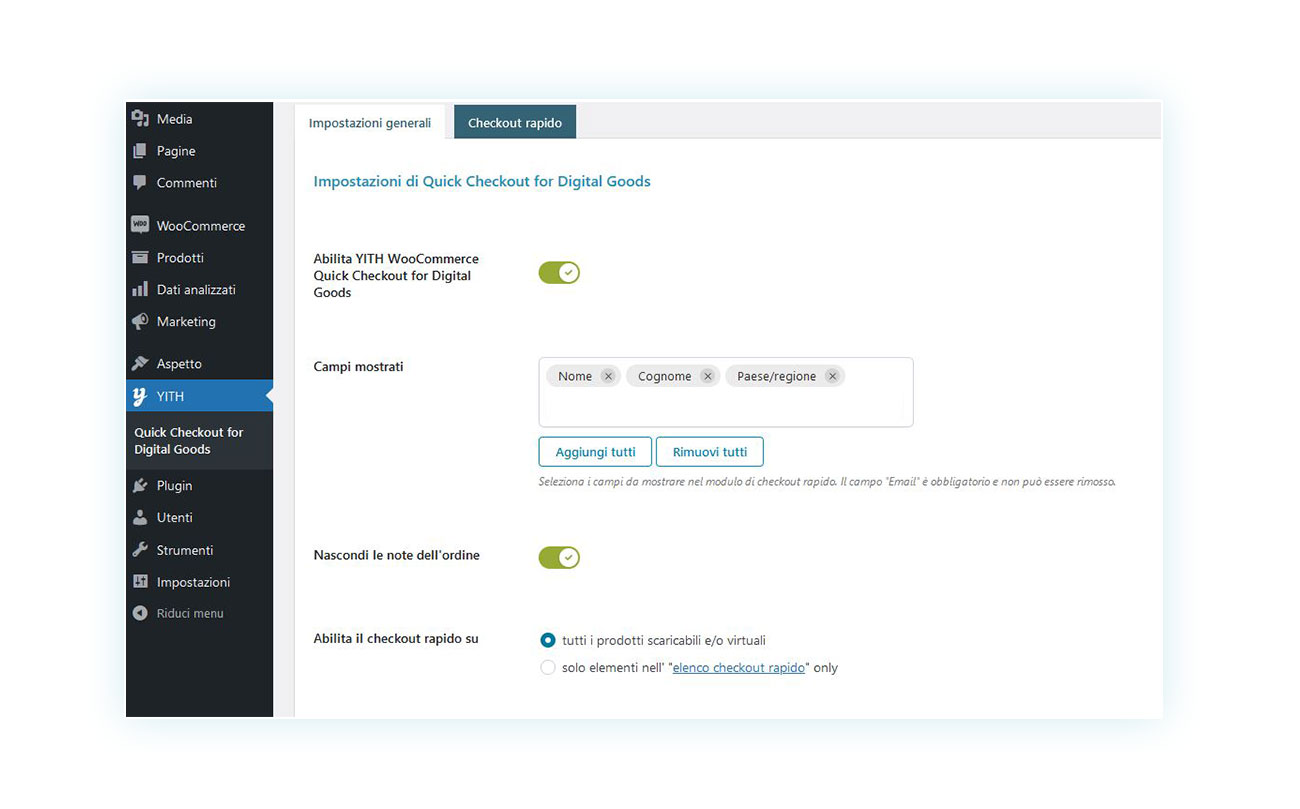 Campi da mostrare nel Quick Checkout