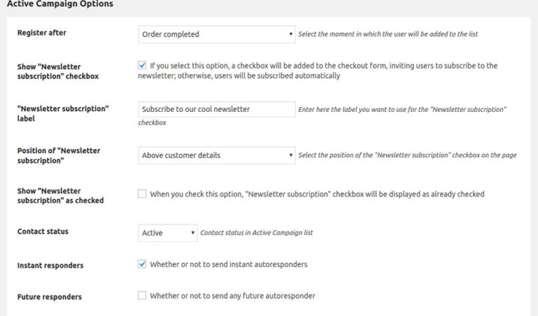 Active campaing options for checkout form
