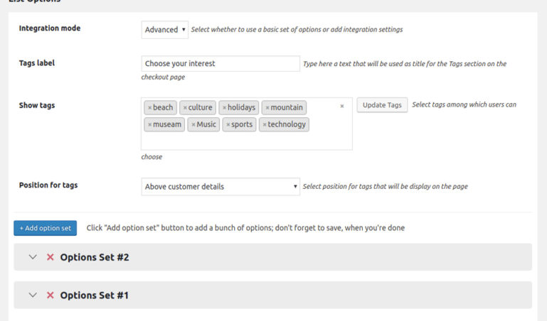 List options for checkout subscribe form
