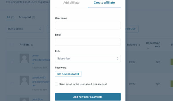 Create new affiliate