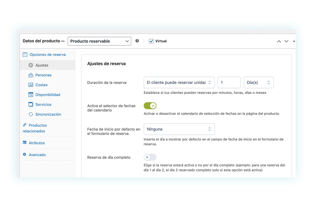 Datos del producto reservable