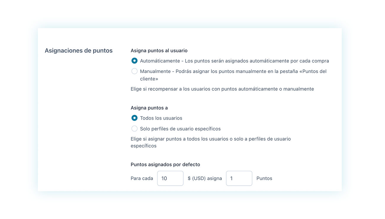 Opciones de asignaciones de puntos