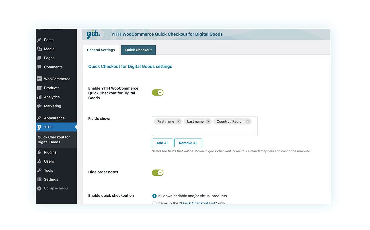 Fields to be shown in Quick Checkout