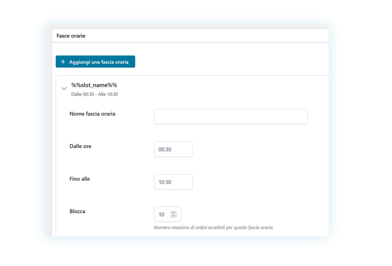 Nell'esempio riportato, possono essere effettuati massimo 10 ordini in ogni fascia oraria.