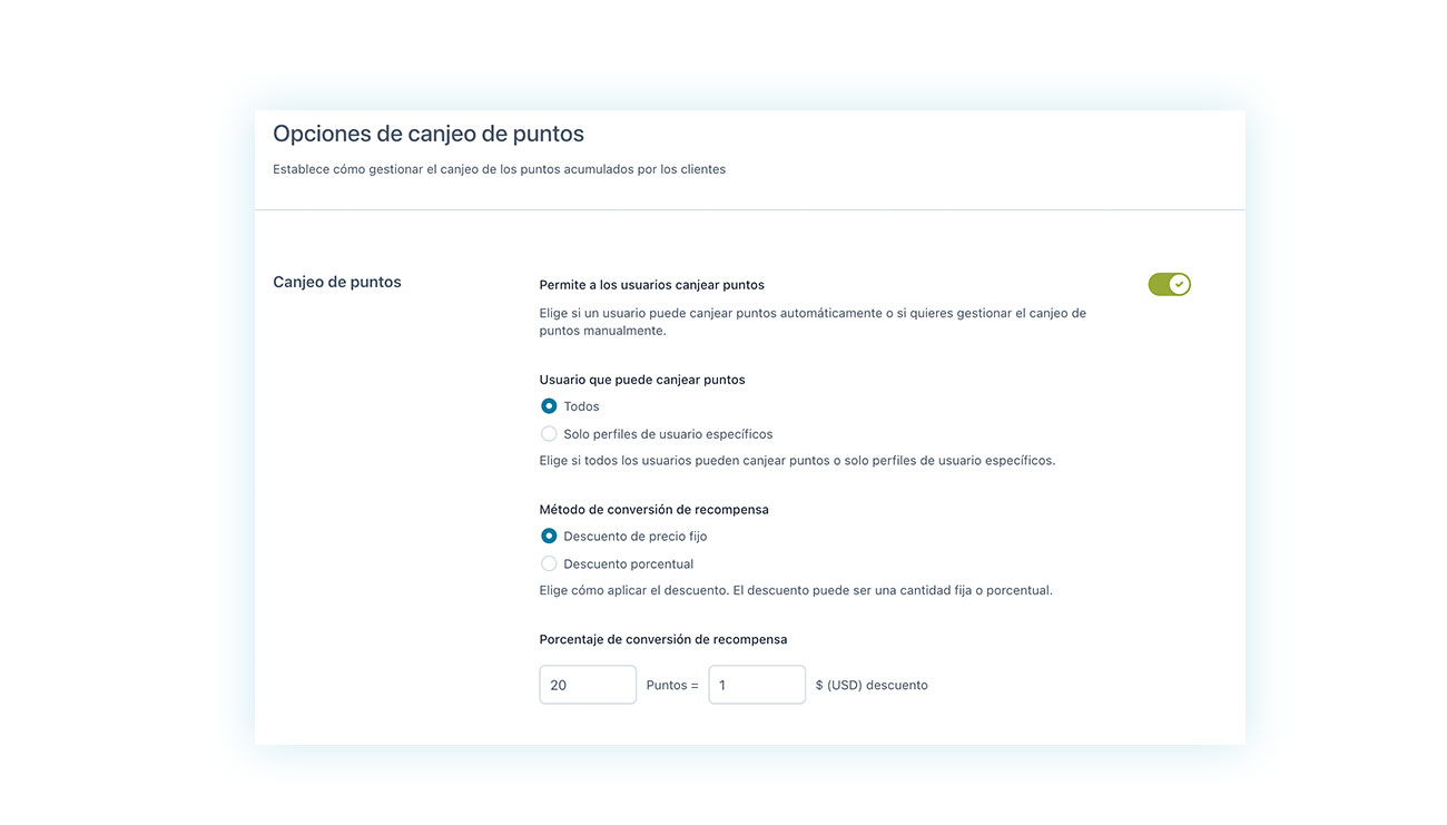 Opciones de canjeo de puntos