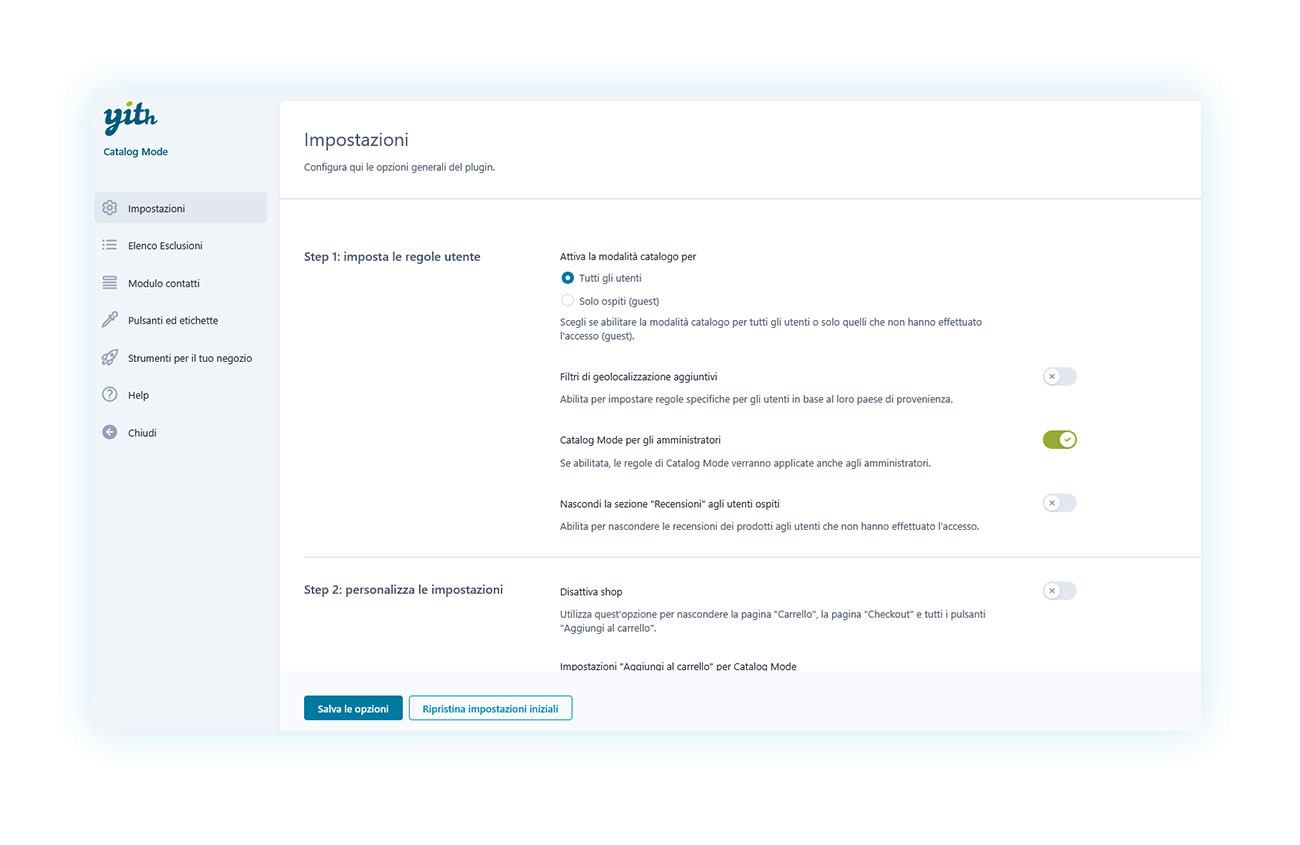 Pannello di controllo del plugin
