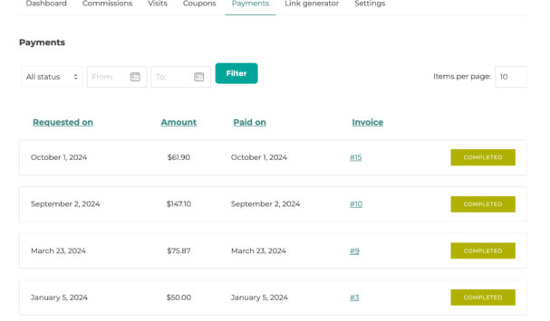 Affiliate dashboard - Payments