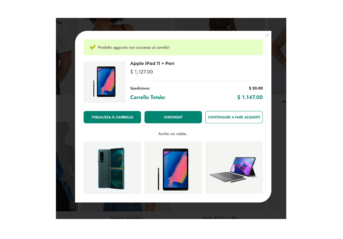 Popup personalizzato di aggiunta al carrello