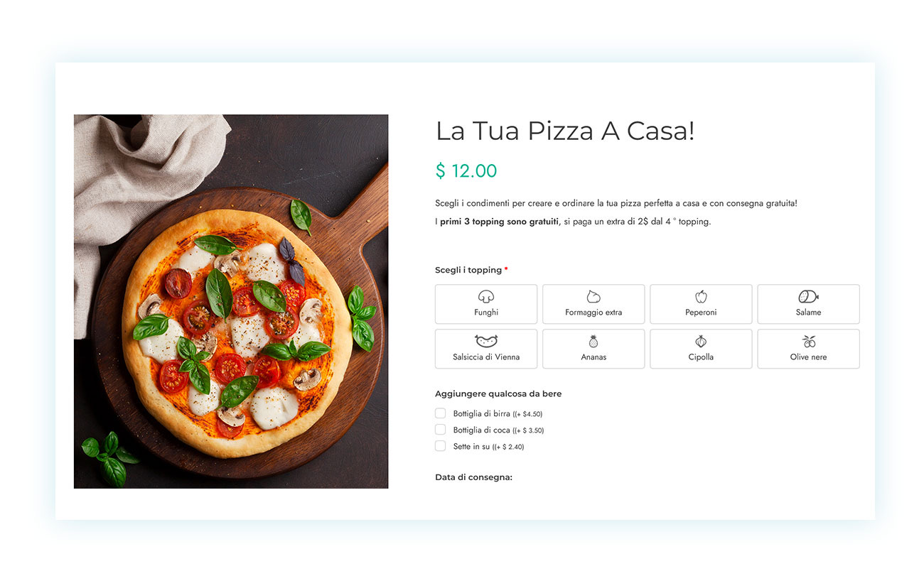 Prodotto pizza con campi aggiuntivi da selezionare