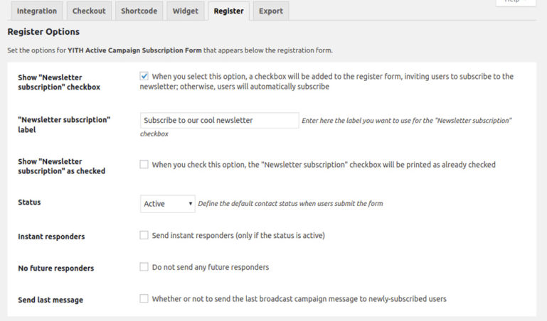 Active Campaign options for registration form