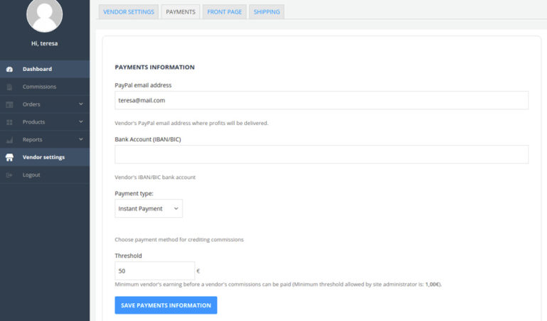 Vendor payments settings